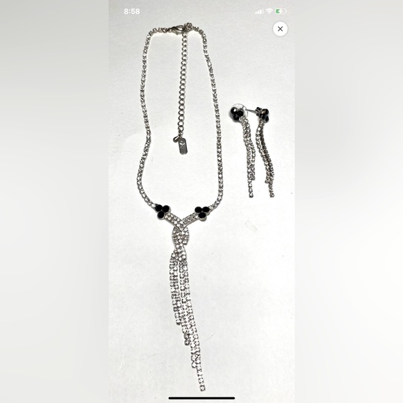 Vintage Camrose & Kross Clear/Black Rhinestone Fringe Necklace & Earrings Ser - Picture 1 of 3